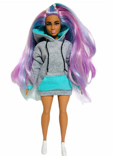 Gray Barbie doll hoodie turquoise pockets hoodie dress
