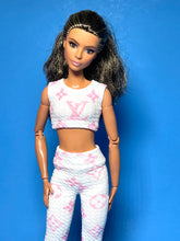 Load image into Gallery viewer, Pink and white yoga pants and crop top for fashion dolls 11.5”
