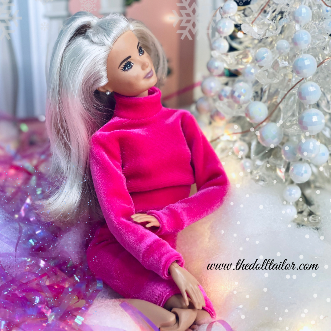 Hot pink velvet Christmas skirt and crop top