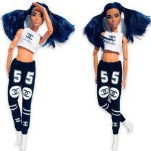 Load image into Gallery viewer, Black and white sweatpants for Barbie and crop top
