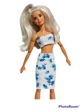 Load image into Gallery viewer, Floral skirt and crop top for Barbie doll
