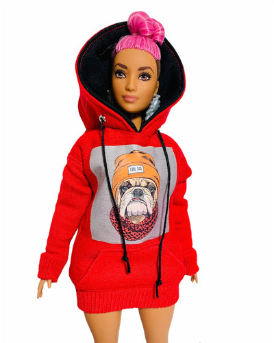 Red hoodie for Barbie doll bulldog sweater