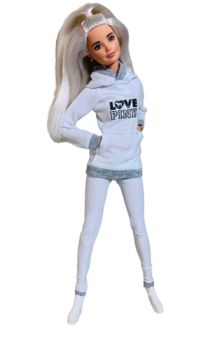 White tracksuit for Barbie doll white and gray hoodie and matching leggings