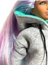 Load image into Gallery viewer, Gray Barbie doll hoodie turquoise pockets hoodie dress
