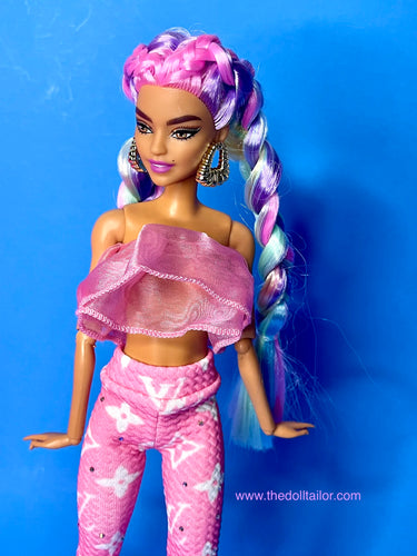 Tiny Frock Shop Barbie® Curvy Size Blue Cabbage Rose Black Capri Leggings