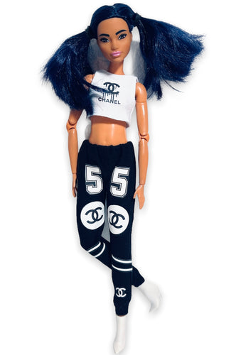 Black and white sweatpants for Barbie and crop top