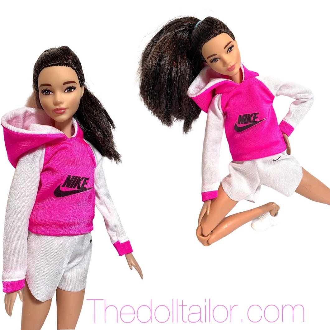 Pink Barbie doll hoodie and shorts