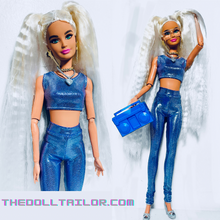 Load image into Gallery viewer, Holographic purple leggings and crop top for Barbie doll

