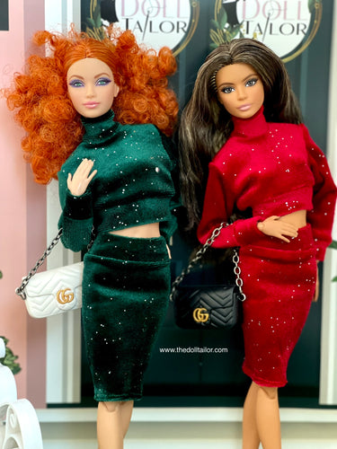 Velvet crop top and pencil skirt for fashion dolls