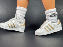 Load image into Gallery viewer, White and gold tennis shoes for male fashion dolls miniature shoes
