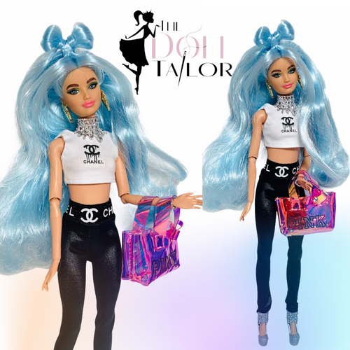Black leggings for Barbie doll and White crop top