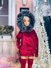 Load image into Gallery viewer, Red velvet hoodie with fur for fashion dolls and red high thighs
